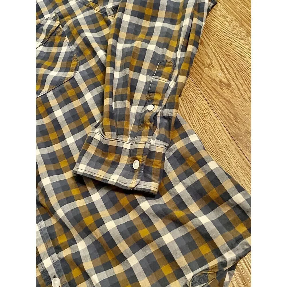 True Religion Men's Button Down Shirt Sz L Long Sleeve Blue Brown‎ Checkered